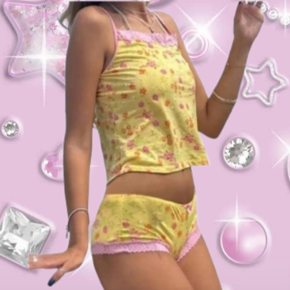 Yellow Floral Coquette Dollete Set